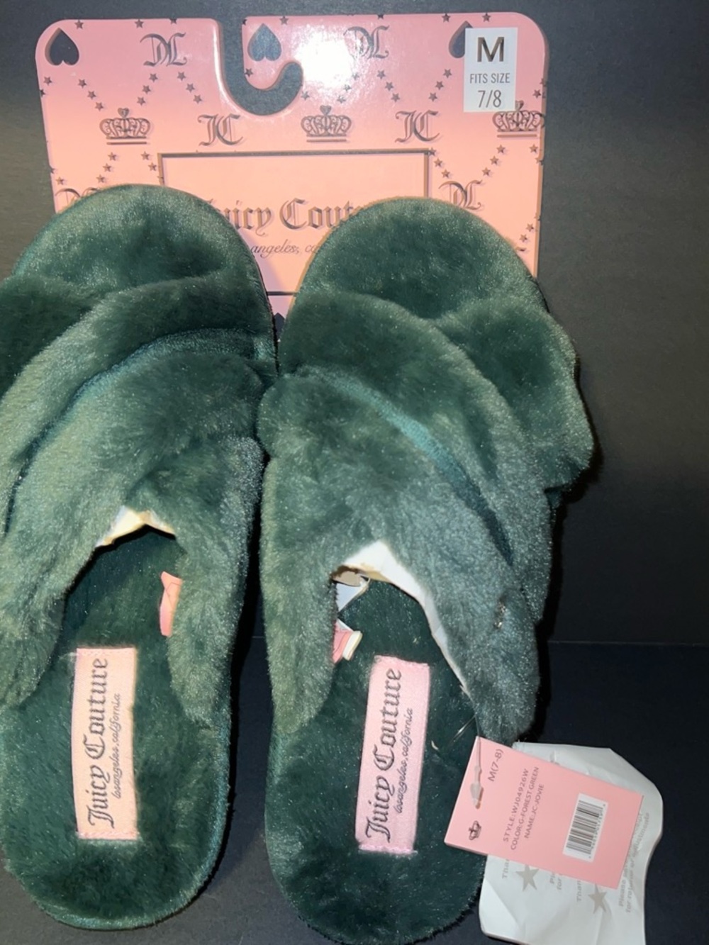 Juicy Couture Dark Green Plush Cross-Band Slide Slippers